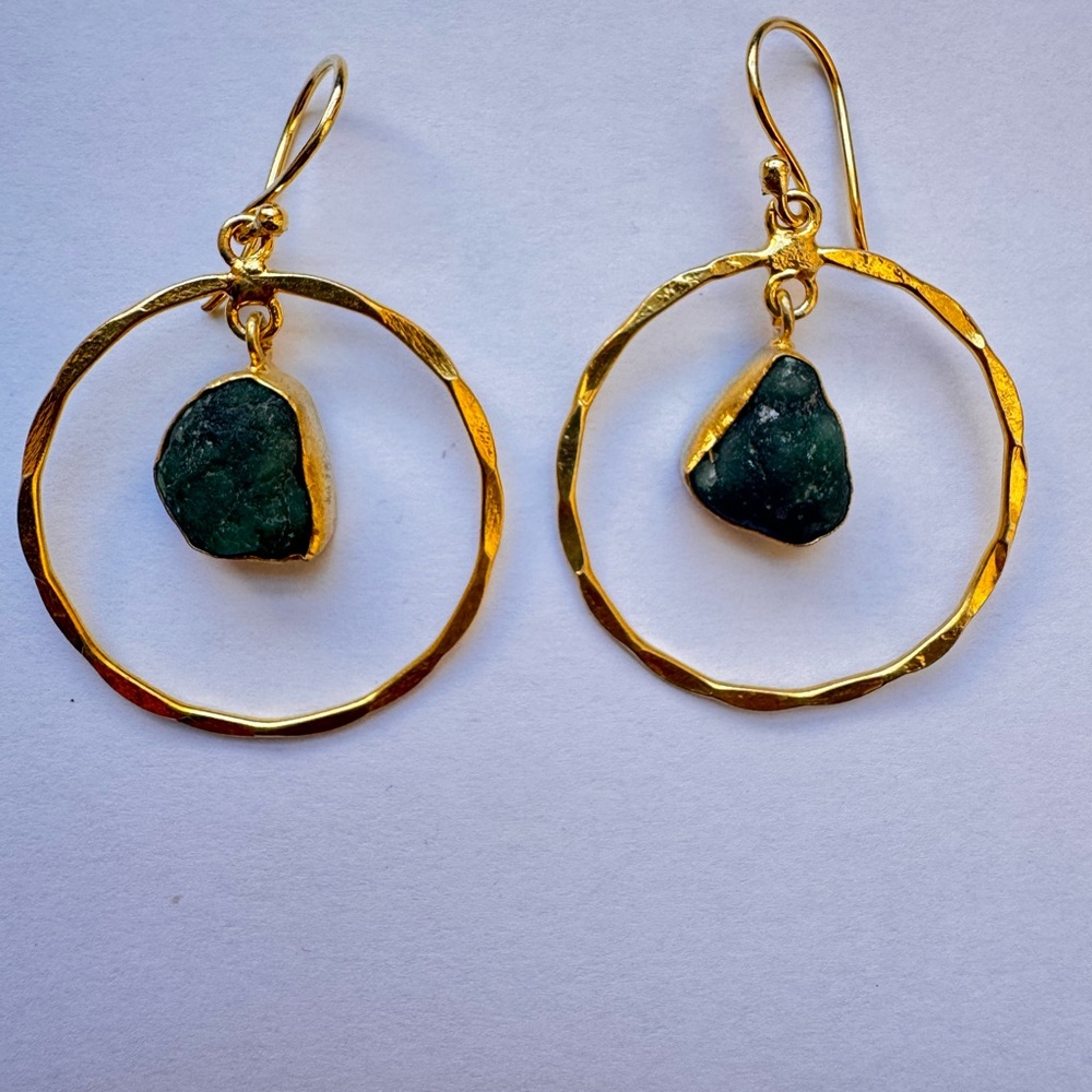 Gold and Green Hoop Brass Earrings